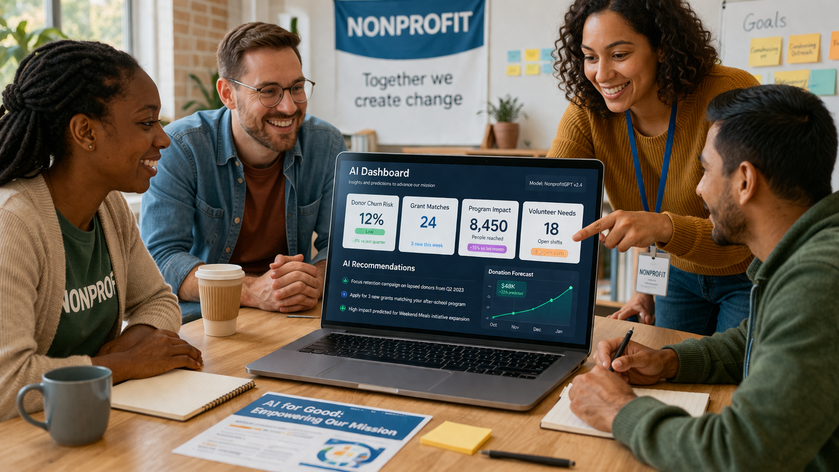 nonprofit team around a computer talking about AI for nonprofits